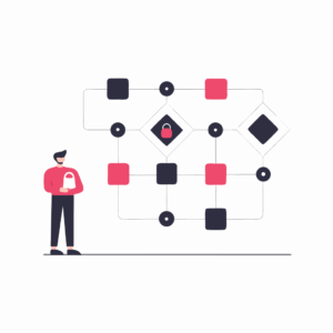 Illustration of a person analyzing a secure network of connected nodes and locks, representing Zenity.io’s B2B agentic AI security platform